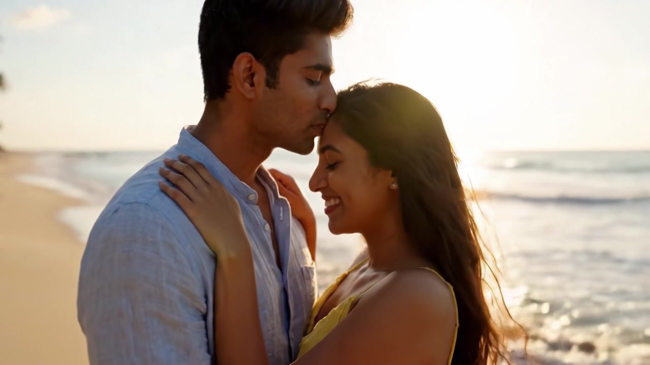 A Romantic Sunset Embrace: A Young Couple Enjoying a Blissful Moment at the Beach, Capturing the Essence of Love and Connection Amidst the Waves and Sunset Glow