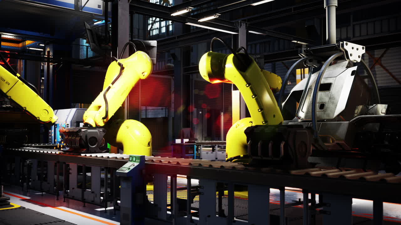 brazo de robot industrial trabajando en una línea de ensamblaje en una fábrica