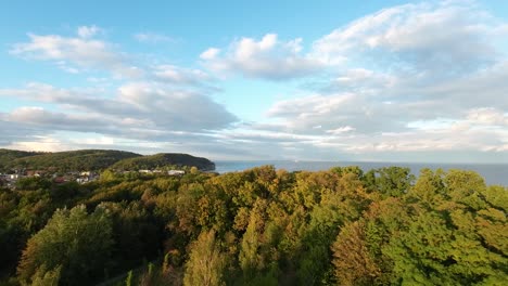 Vuelo-Aéreo-Sobre-Los-árboles-Del-Bosque-Otoñal-En-Gdynia-Con-El-Mar-Báltico-En-La-Distancia-1