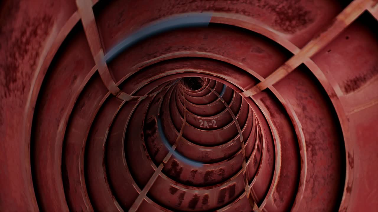 파란색 하이라이트가 있는 구부러진 녹슨 빨간색 금속 벌크헤드 터널을 통해 비행