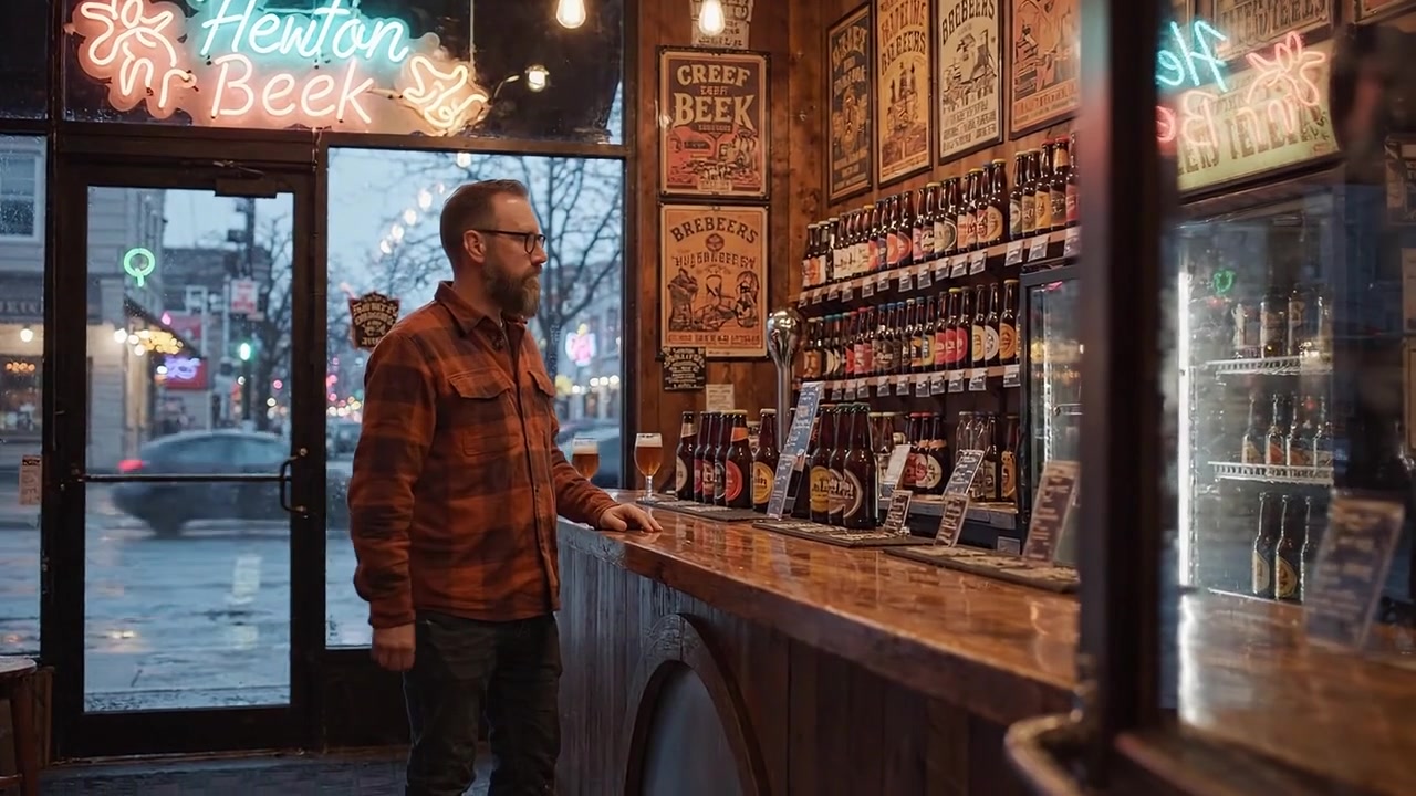 Un bevitore contemplativo in un bar accogliente illuminato da insegne al neon, che ammira una vasta selezione di birre artigianali, evocando un'atmosfera sociale calda e rilassata.