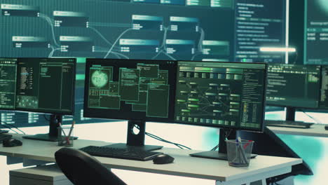 Empty governmental hacking and surveillance room with computers