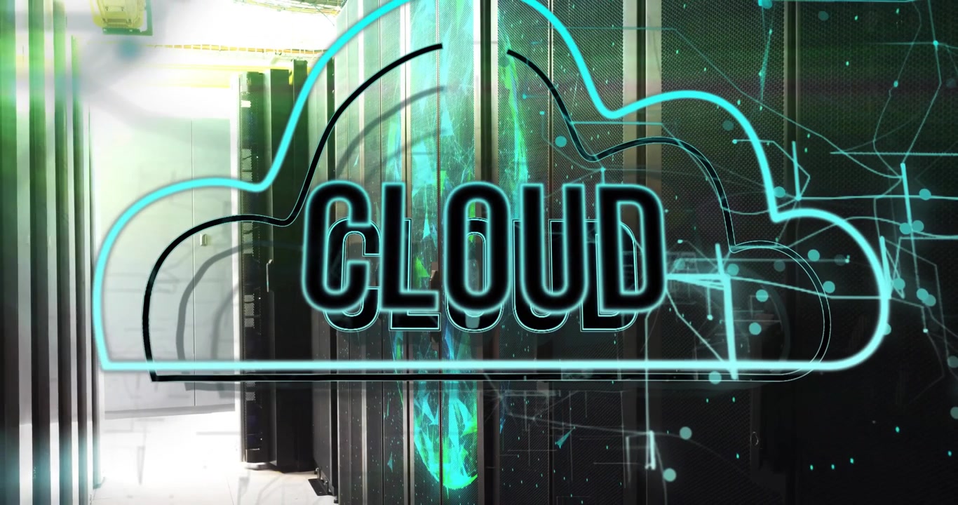 Grid appearing globe rotating amid racks letters forming CLOUD animating outline representing cloud