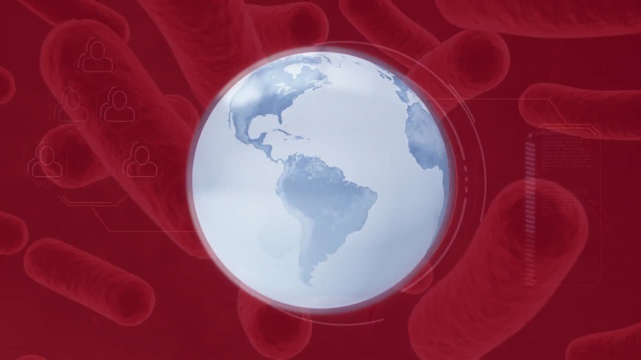 animación de un globo que gira en estructura circular sobre células biológicas marrones flotantes