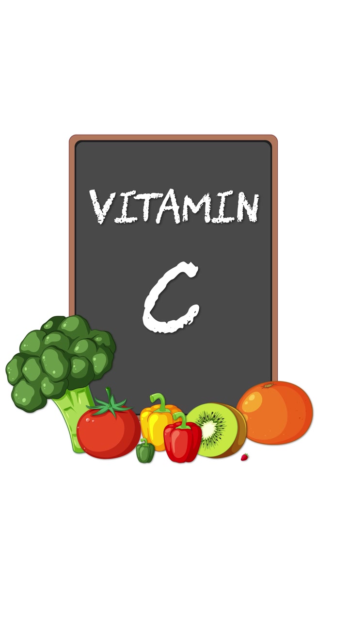 Lavagna etichettata Vitamina C gradualmente circondata da frutta e verdura colorata su sfondo bianco