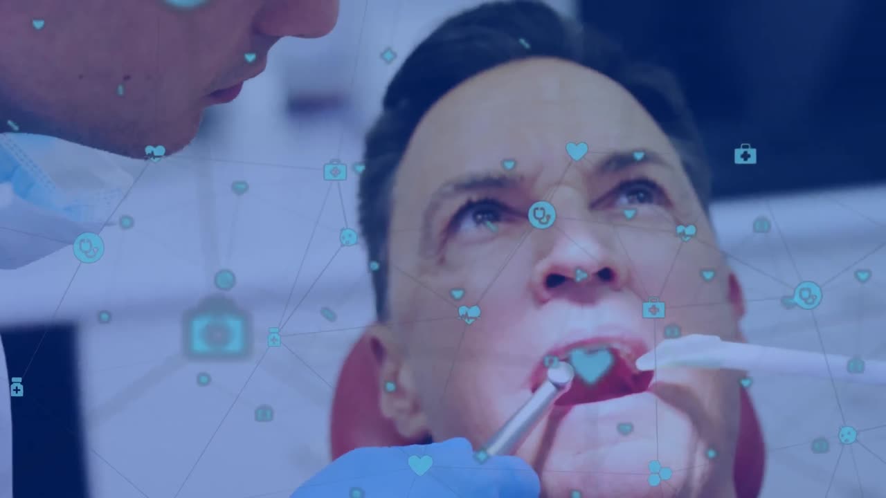 백인 남성 치과의사와 남성 환자에 대한 아이콘과 연결 네트워크의 애니메이션