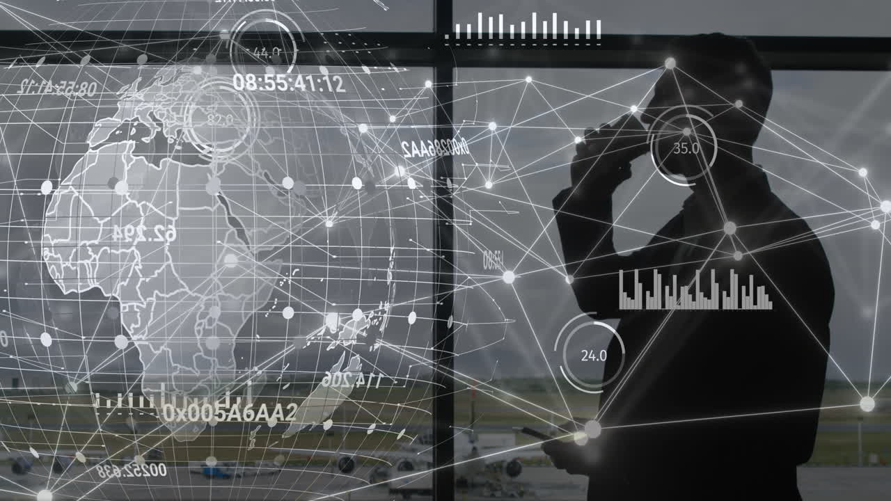 카우카스 사업가와 전 세계에 대한 데이터 및 연결 네트워크의 애니메이션