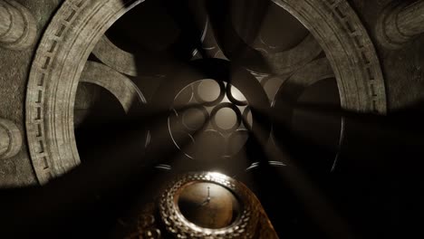 animación 3d de un reloj de estilo antiguo colocado en el medio de una tumba secreta mirando hacia arriba hacia el cielo oscuro