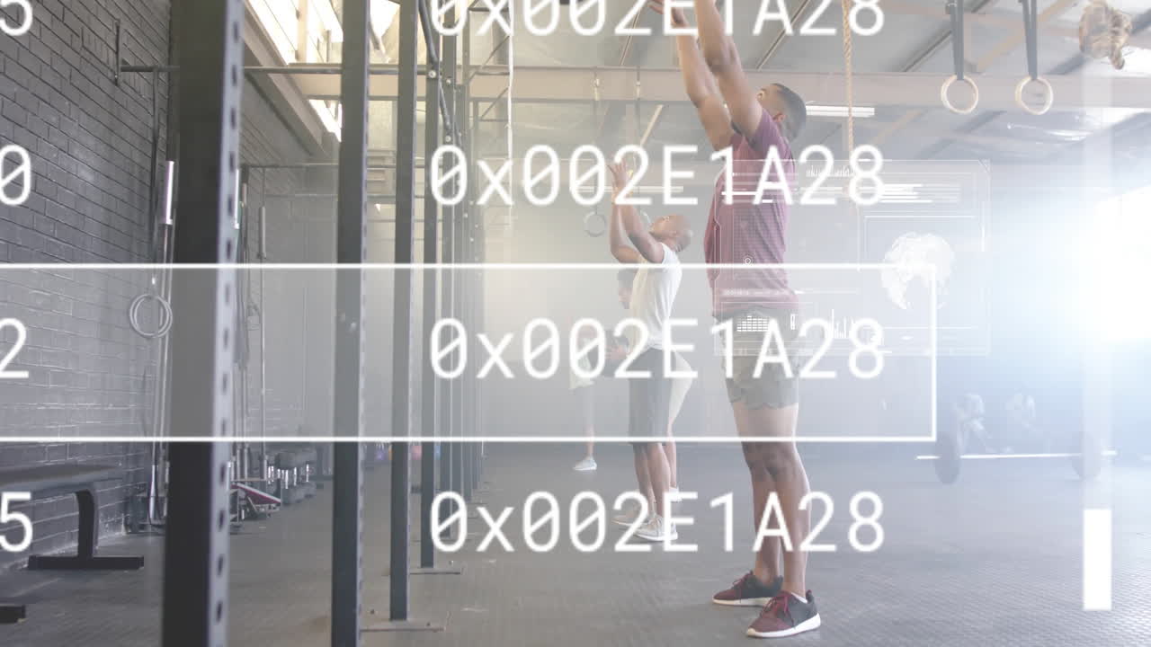 Exercising in gym, people with hexadecimal code animation overlay in background
