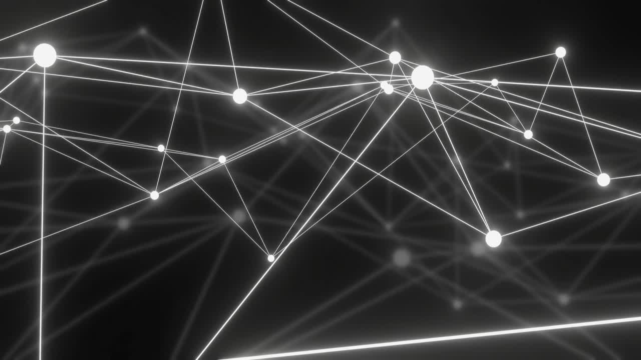 Animation of bright white 3d network moving over distant network on black background