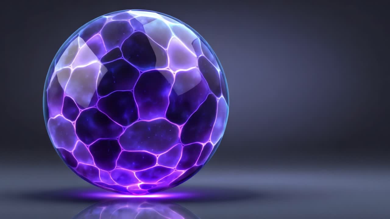 Una straordinaria rappresentazione visiva di una sfera viola con intricati motivi a bolle, che mostra un bagliore e una radiosità ipnotizzanti in un ambiente scuro.