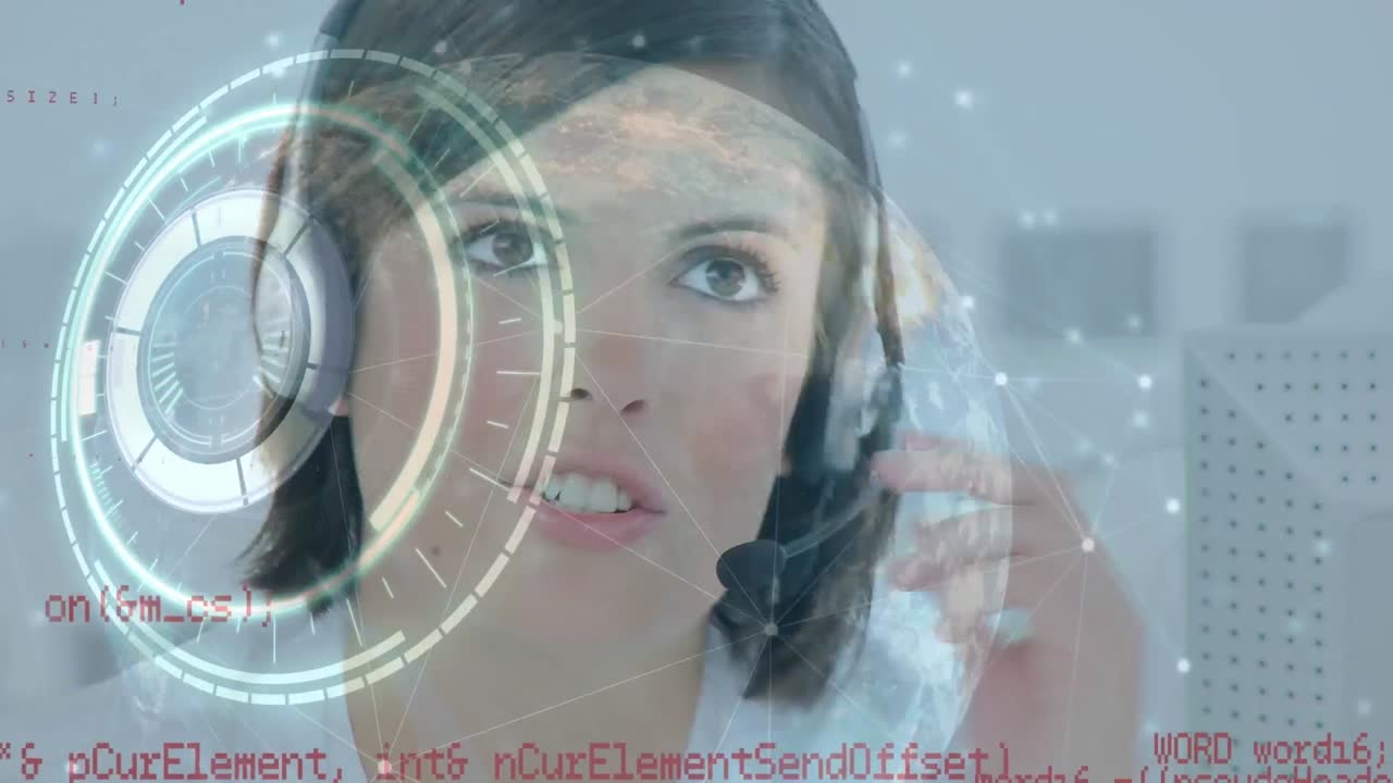 animación del globo sobre mujer de negocios usando auriculares de teléfono