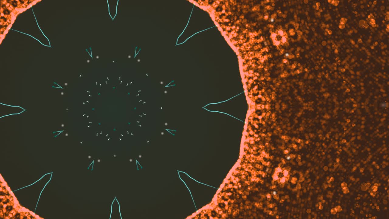 las partículas naranjas brillantes ocupaban todo el espacio excepto una parte redonda con un patrón móvil en el interior, cubierta por una capa de protección.