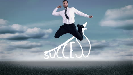 handsome happy businesswoman jumping in front of success graphic