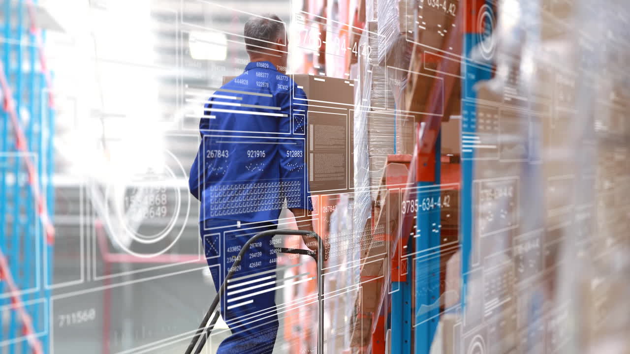 Warehouse worker moving boxes with animation overlay on transparent screen