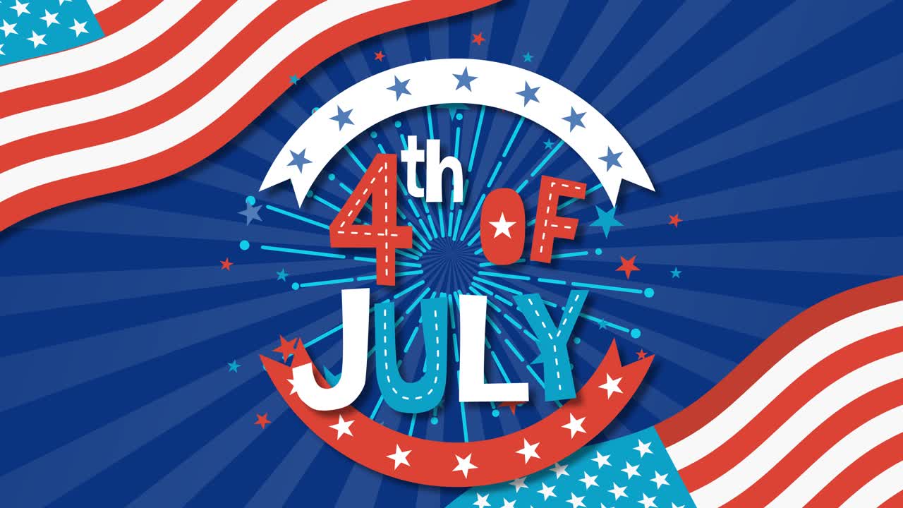 Vibrant animation with American flags and fireworks celebrating Independence Day. Bold colors and dynamic transitions create a festive mood