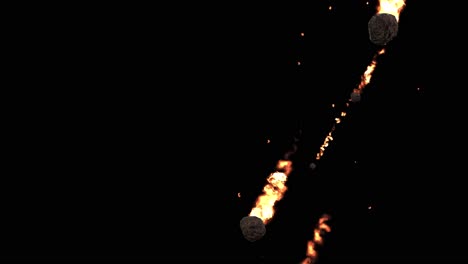 meteoritos cayendo, con rastros de fuego y destellos sobre fondo negro efectos visuales animación 3d