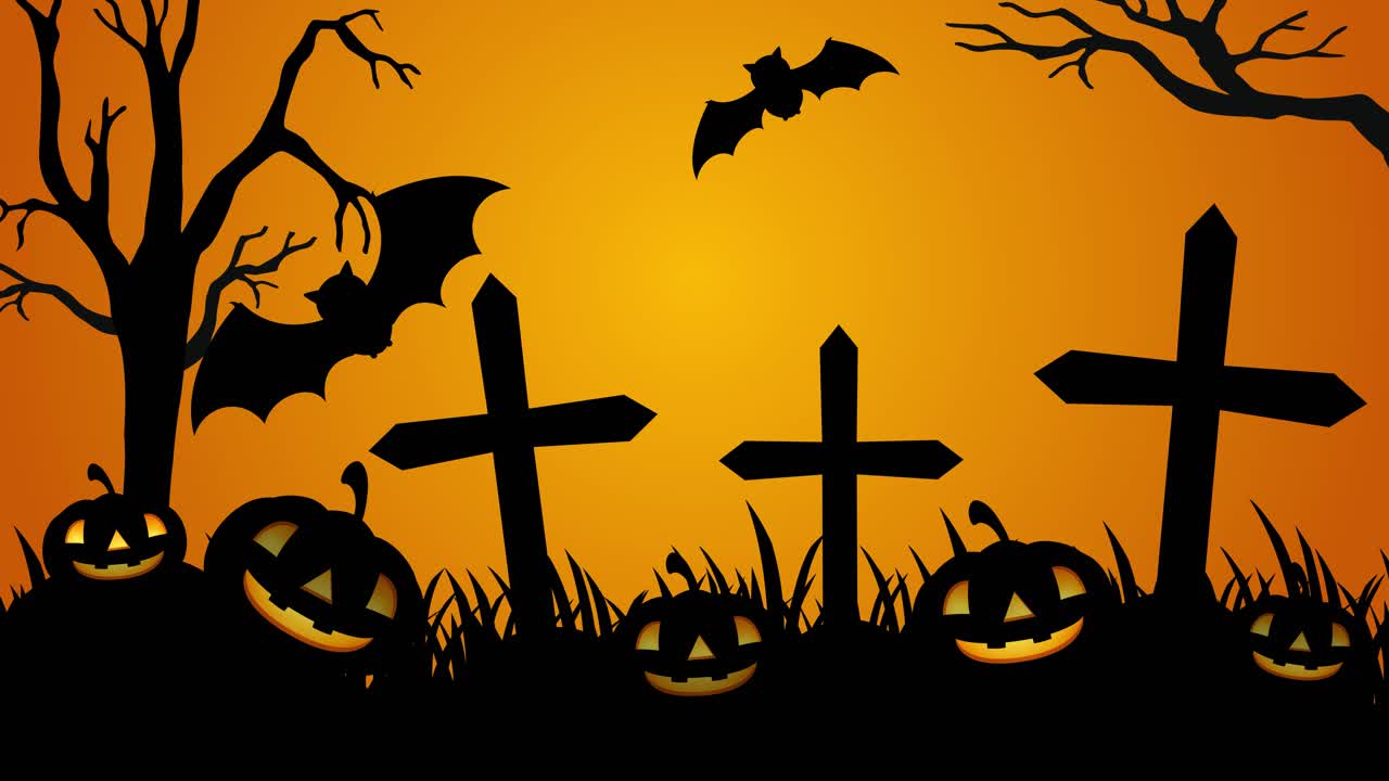 escena del cementerio con silueta con murciélagos voladores
