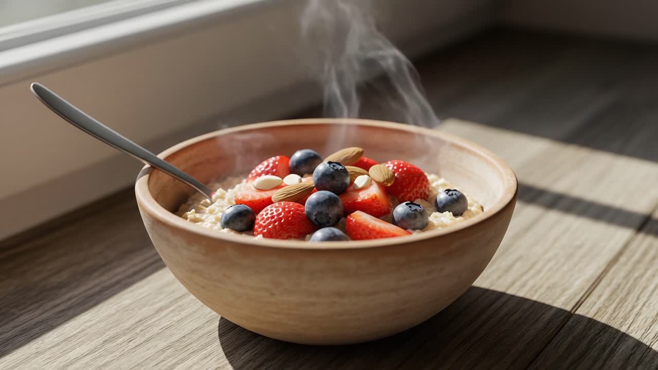 A Delicious Morning Bowl of Oatmeal with Fresh Berries and Almonds, Steaming Hot and Full of Flavor, Perfect for a Healthy Breakfast to Start Your Day Right