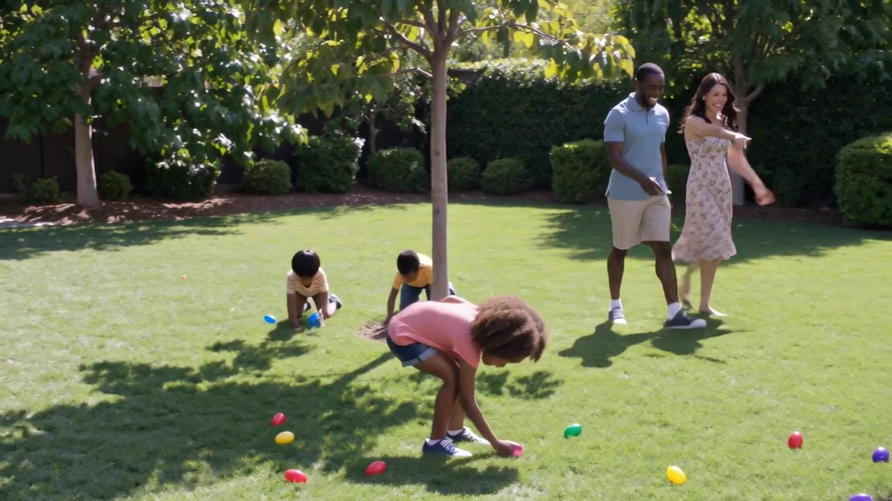 Running girl in pink shirt, denim shorts grabbing plastic eggs on sunny yard lawn, parents guiding