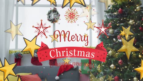 animation of merry christmas greetings text over christmas tree and decorations