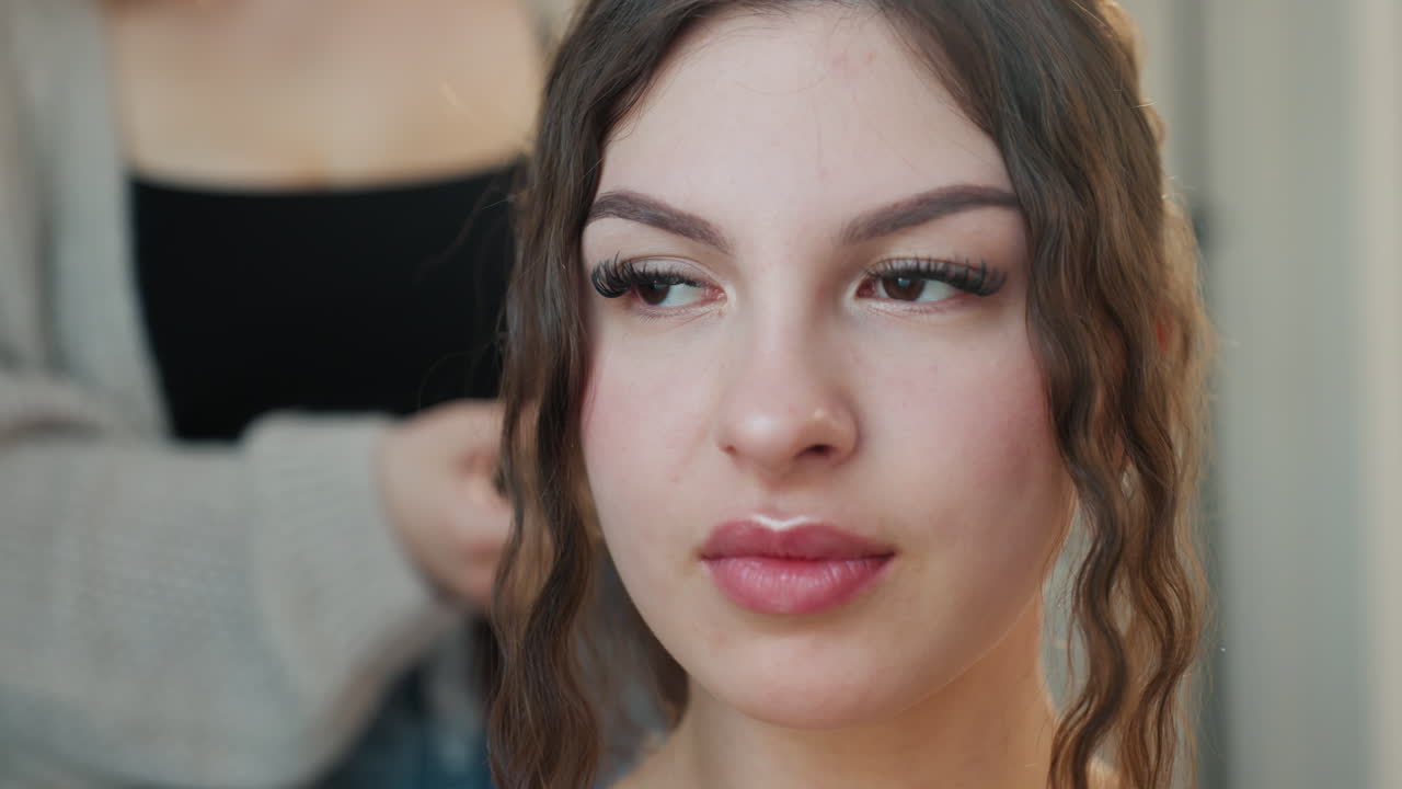 Softly Styled Bride With Gentle Touch, Woman Preparing For Wedding With Serene Beauty And Tender Gestures, Elegant Woman In Salon Receiving Subtle Makeup And Gentle Hairstyling In Calm Ambiance