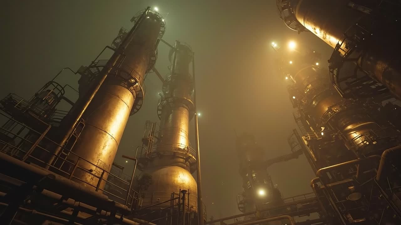 A foggy industrial area with a lot of pipes and lights