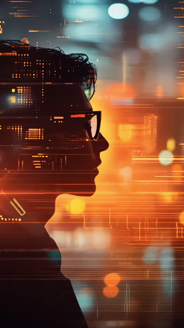 A man's face is shown in a blurry, pixelated image of a city. Scene is somewhat eerie and unsettling