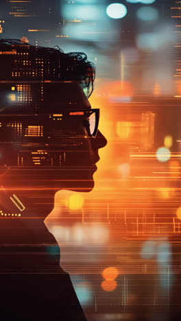 a man's face is shown in a blurry, pixelated image of a city. scene is somewhat eerie and unsettling