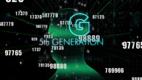 5g text and multiple changing numbers over spinning human face model against black background