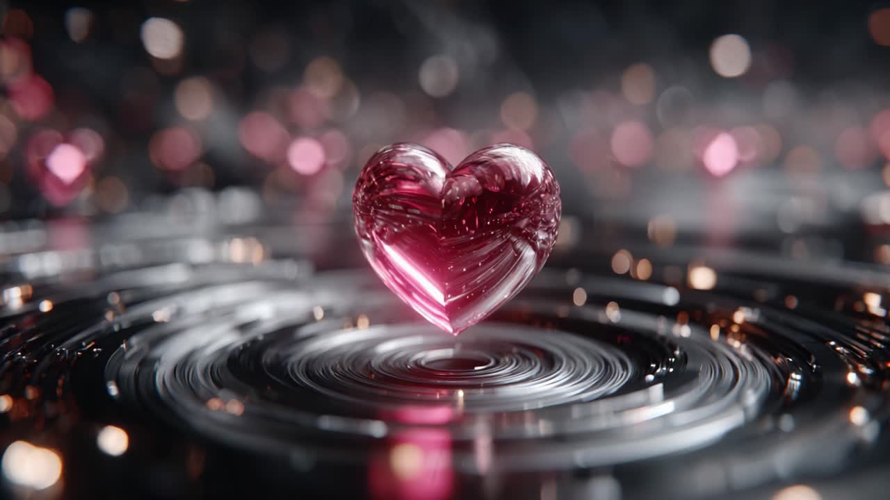 A Stunning Visual of a Glimmering Heart-Shaped Gem Floating on a Rippled Surface, Bathed in a Beautiful Bokeh of Light and Colorful Reflections