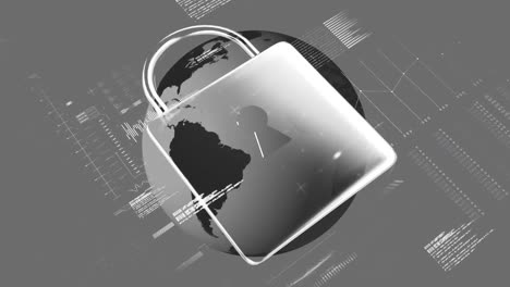 animation of padlock and a globe spinning with data processing on grey background