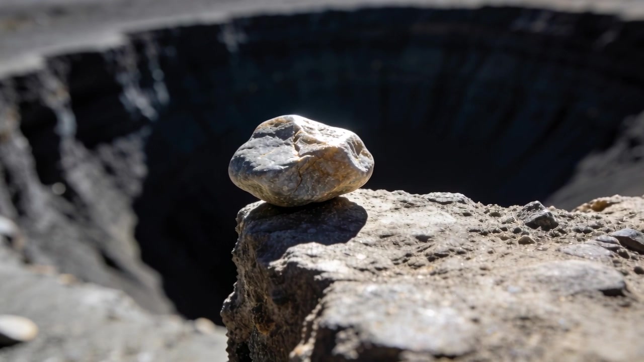 Aufnahme beginnt, Kamera zoomt heran, fokussiert auf einen hellen Stein auf einem Felsvorsprung über einem Krater, der Schatten wirft.