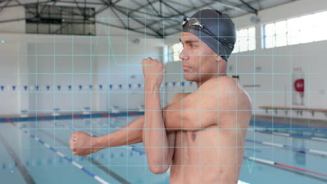 animation of data processing over biracial male swimmer warming up