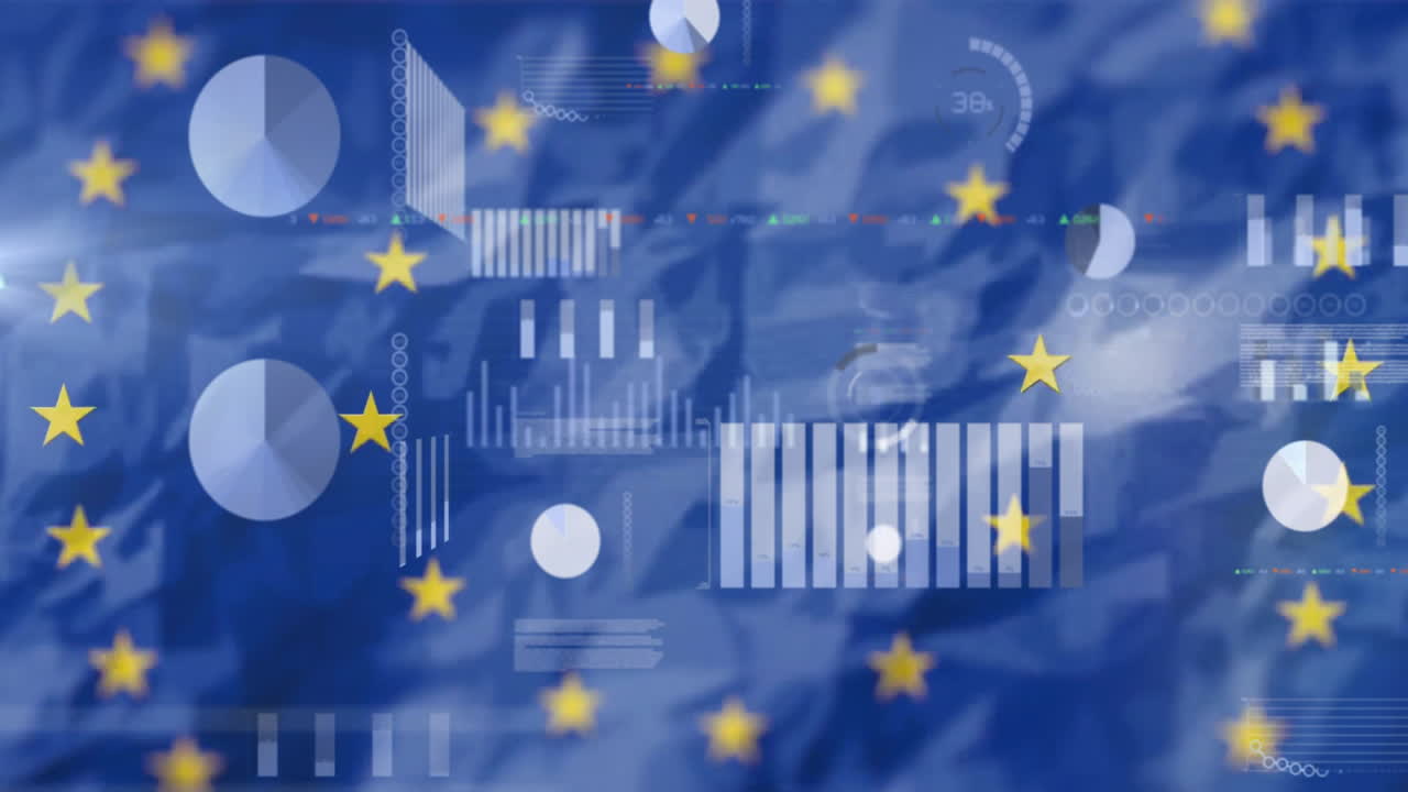 Animation of European Union flag with abstract data processing graphics overlay