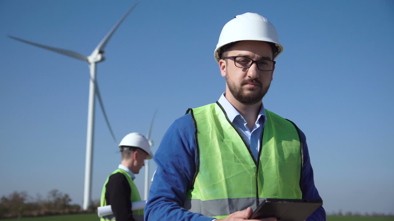 Engineer inspecting wind turbines at a wind farm.