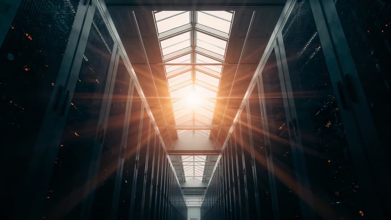 Lucernario che si illumina inviando un caldo bagliore lungo un corridoio fiancheggiato da rack, con LED ambra e verdi.