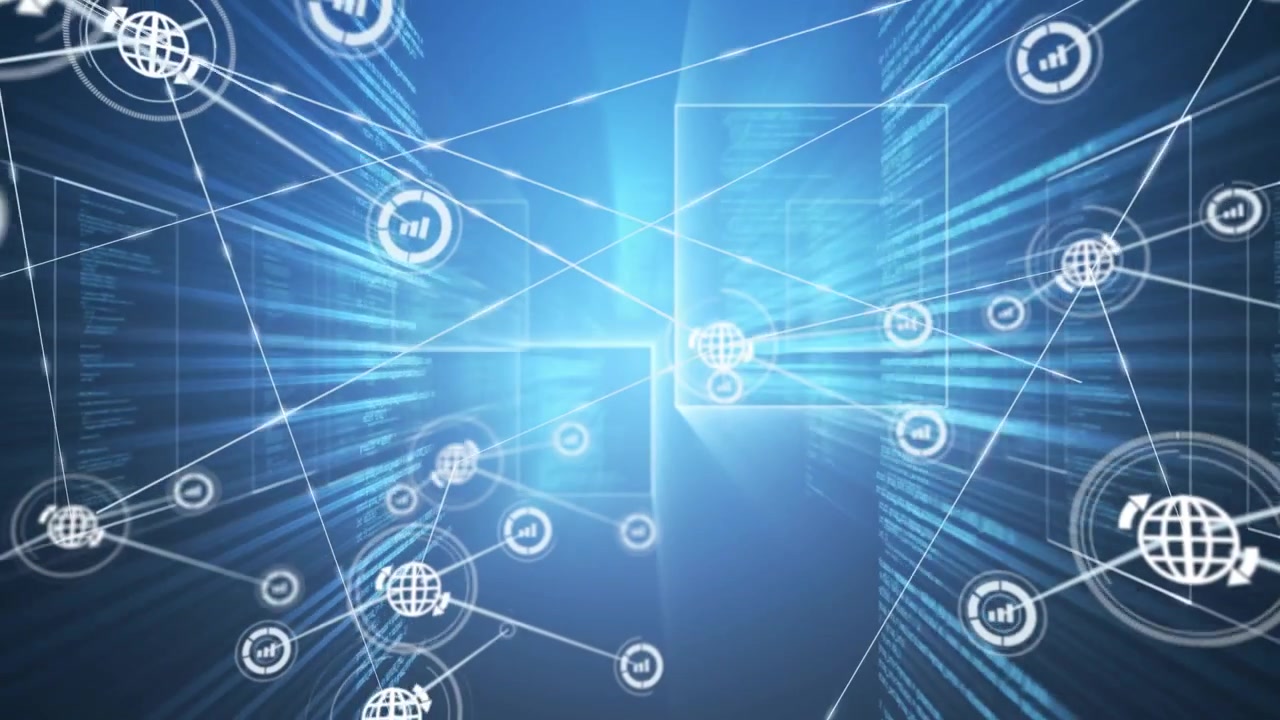 Central light pulsing camera moving forward network growing and linking nodes visualizing data flow