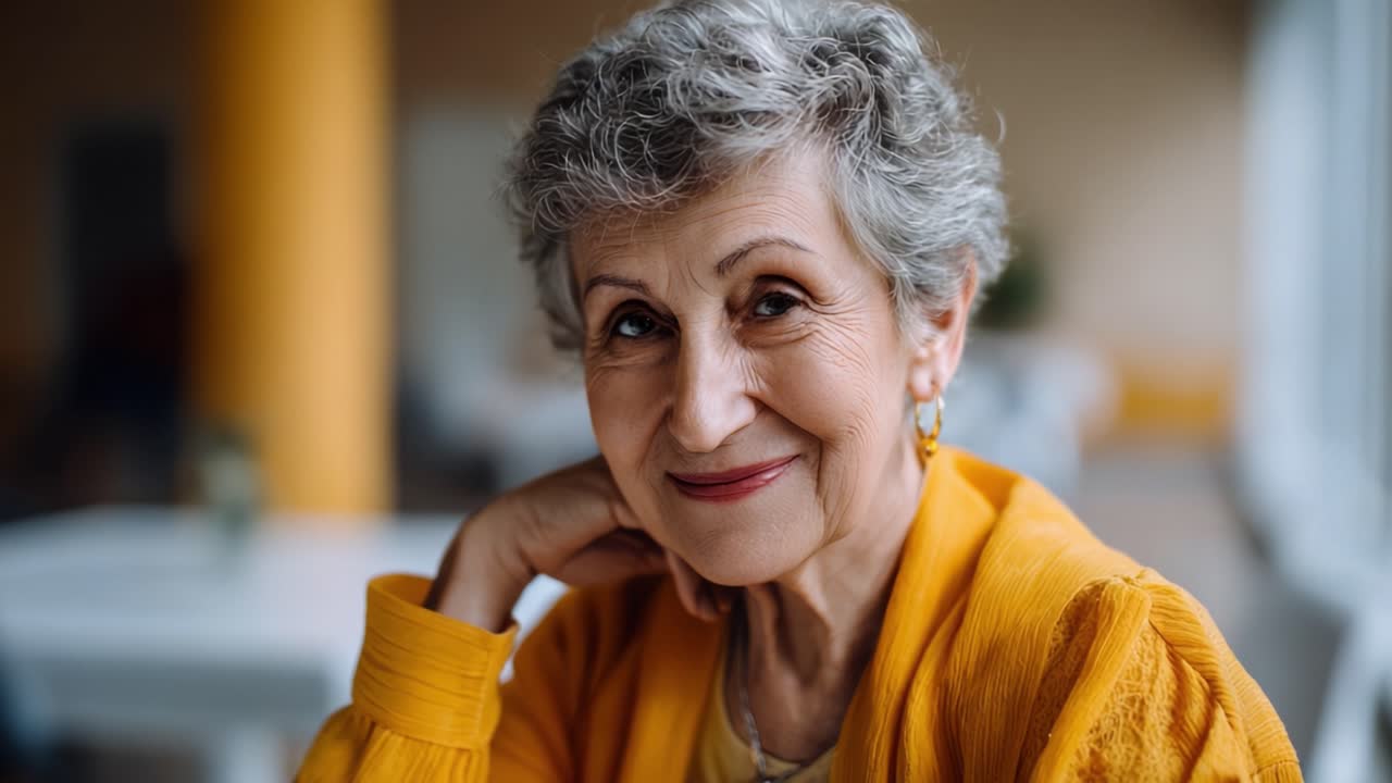 Uma mulher idosa alegre, com cabelo grisalho e encaracolado e um sorriso caloroso, senta-se confortavelmente, irradiando felicidade em um ambiente interno colorido, exibindo sabedoria e experiência.