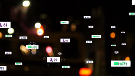 소셜 미디어 아이콘과 숫자의 애니메이션 초점이 맞지 않는 도시 불빛