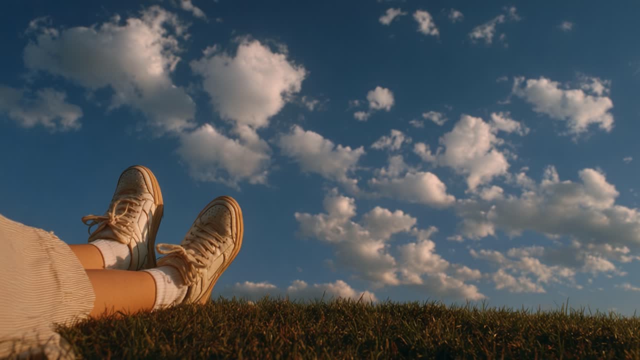 A Serene Moment of Relaxation: A Close-Up of Feet Resting on Soft Grass Under a Beautiful Sky with Fluffy Clouds
