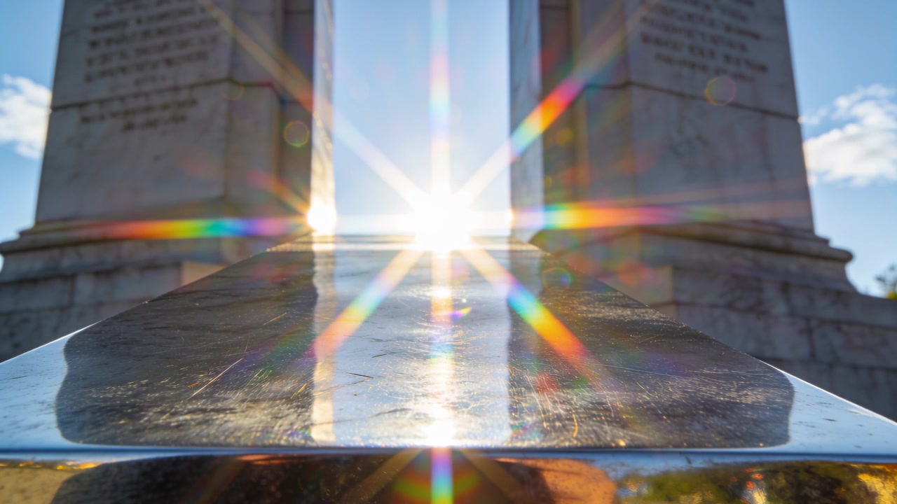Il sole si allinea tra i pilastri creando un bagliore a stella mentre il metallo lucido cattura i raggi cangianti dell'arcobaleno.