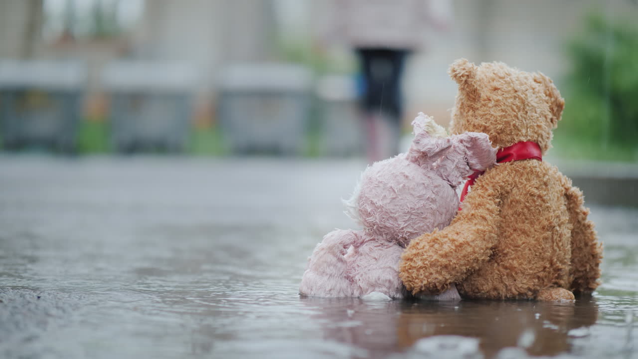 한 남자가 웅덩이에서 두 개의 젖은 장난감을 키우고 도움과 희망 개념 잃어버린 장난감 4k 비디오