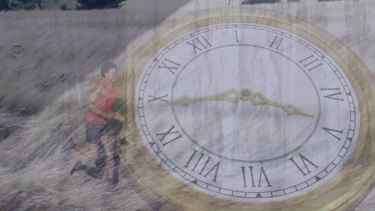 Running over large clock face with Roman numerals, man wearing red shirt