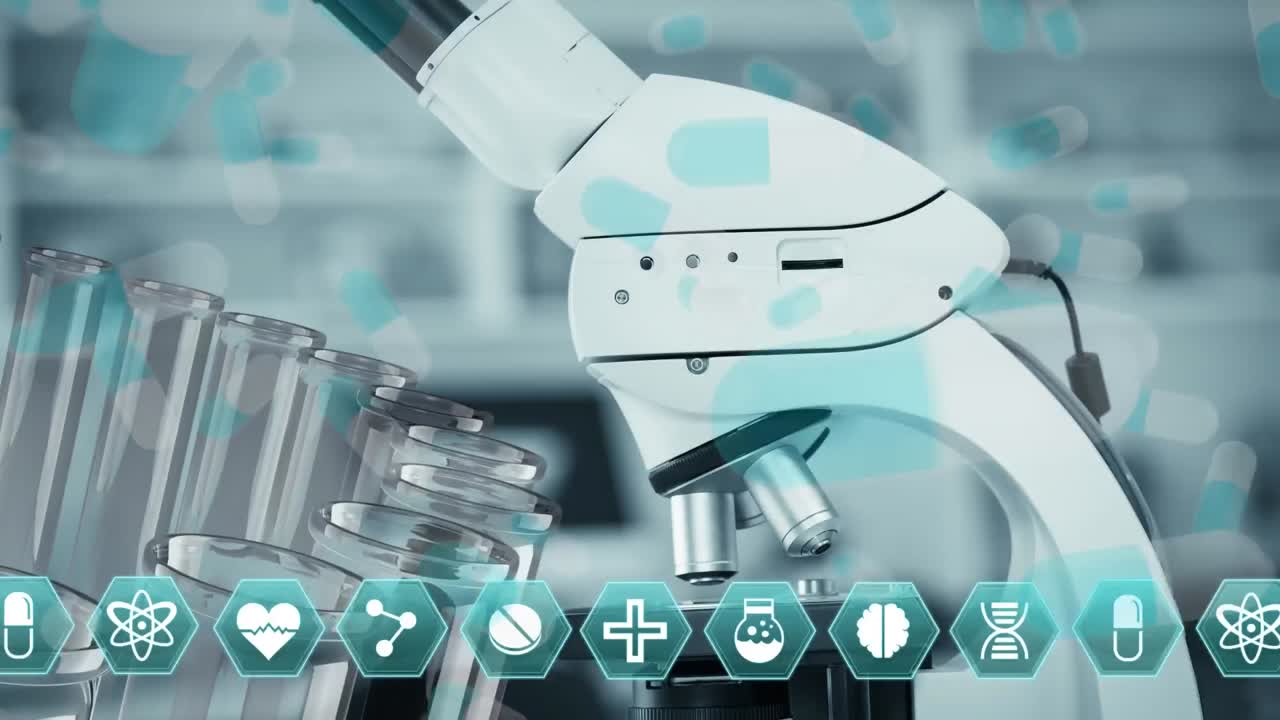 animación de moléculas e iconos hexagonales que se mueven sobre el microscopio con procesamiento de datos científicos