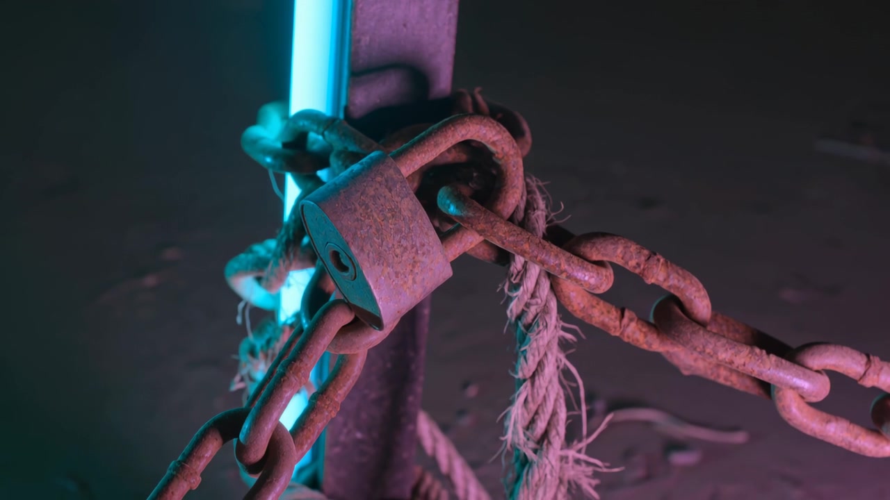 Moving camera framing rusted padlock and chain, revealing frayed rope in basement with cyan tube