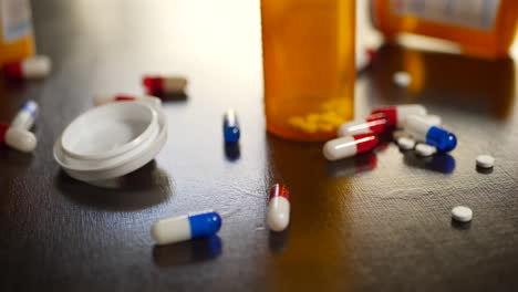 painkillers and antibiotics in pills and capsules strewn about among prescription medicine bottles on a table