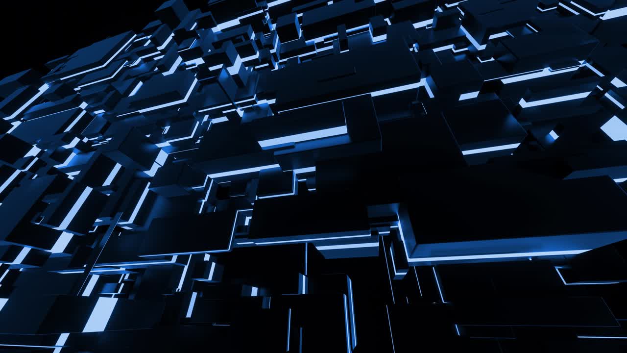 abstracto en bucle 4k fondo azul oscuro con luz de neón como ciudad nocturna cyberpunk. red de bloques de diferentes tamaños como bombillas. bg para espectáculos o eventos, videos musicales, bucle vj para clubes nocturnos