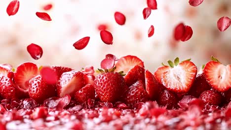fresh strawberries with falling red petals