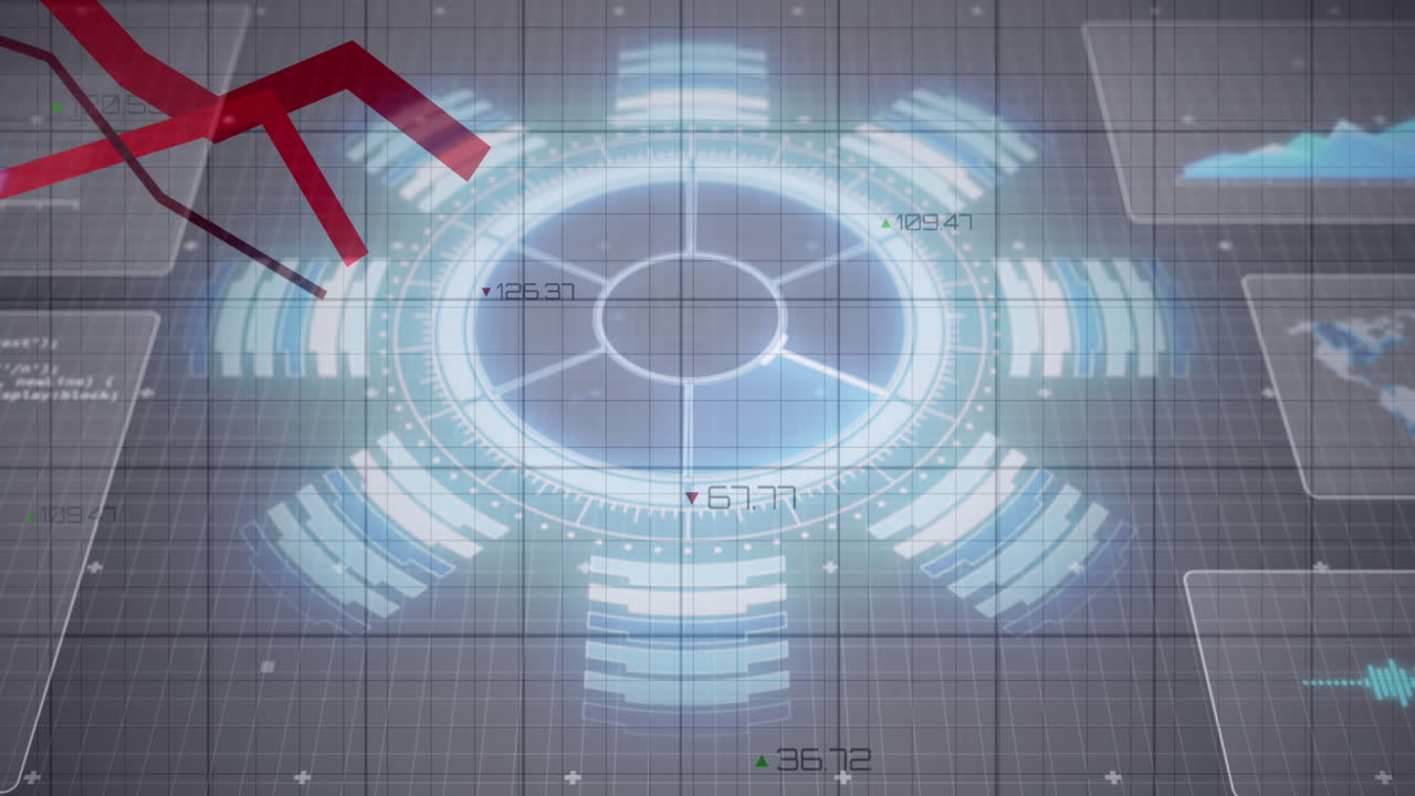 검은색 그리드에서 움직이는 정보 및 그래프 선과 함께 반이는 인터페이스의 애니메이션